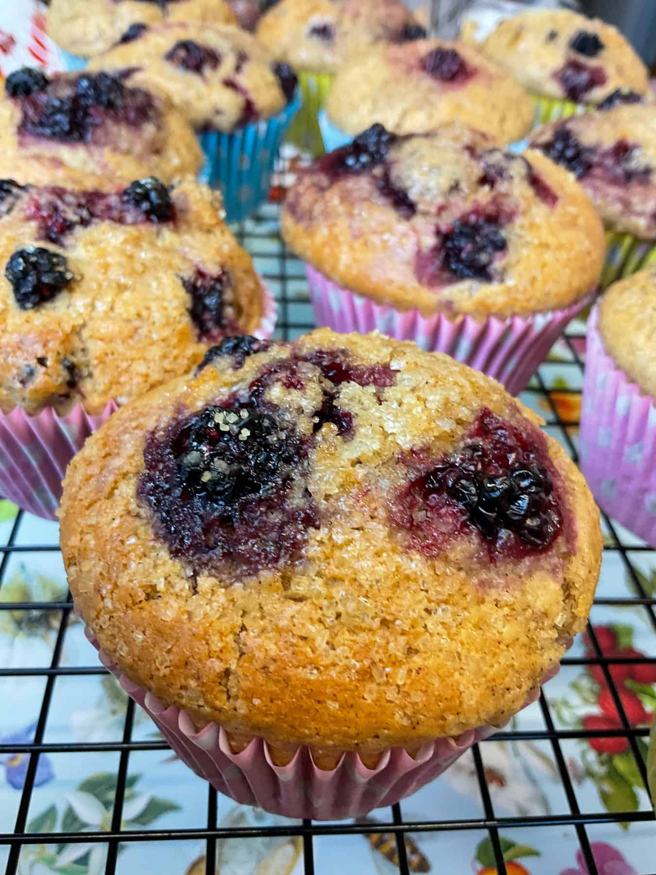 Bramble muffins on cooling rack.