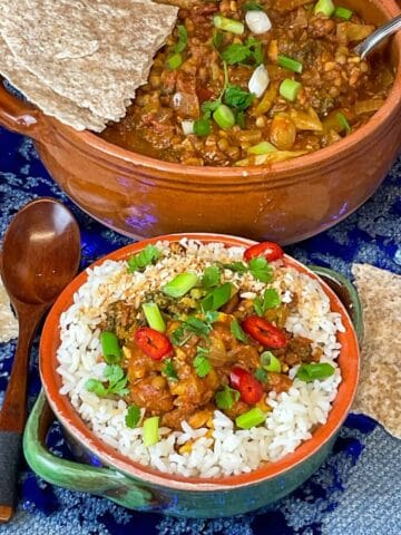 Vegan Bhuna served with toasted coconut, chilli, coriander, and spring onion garnishes.
