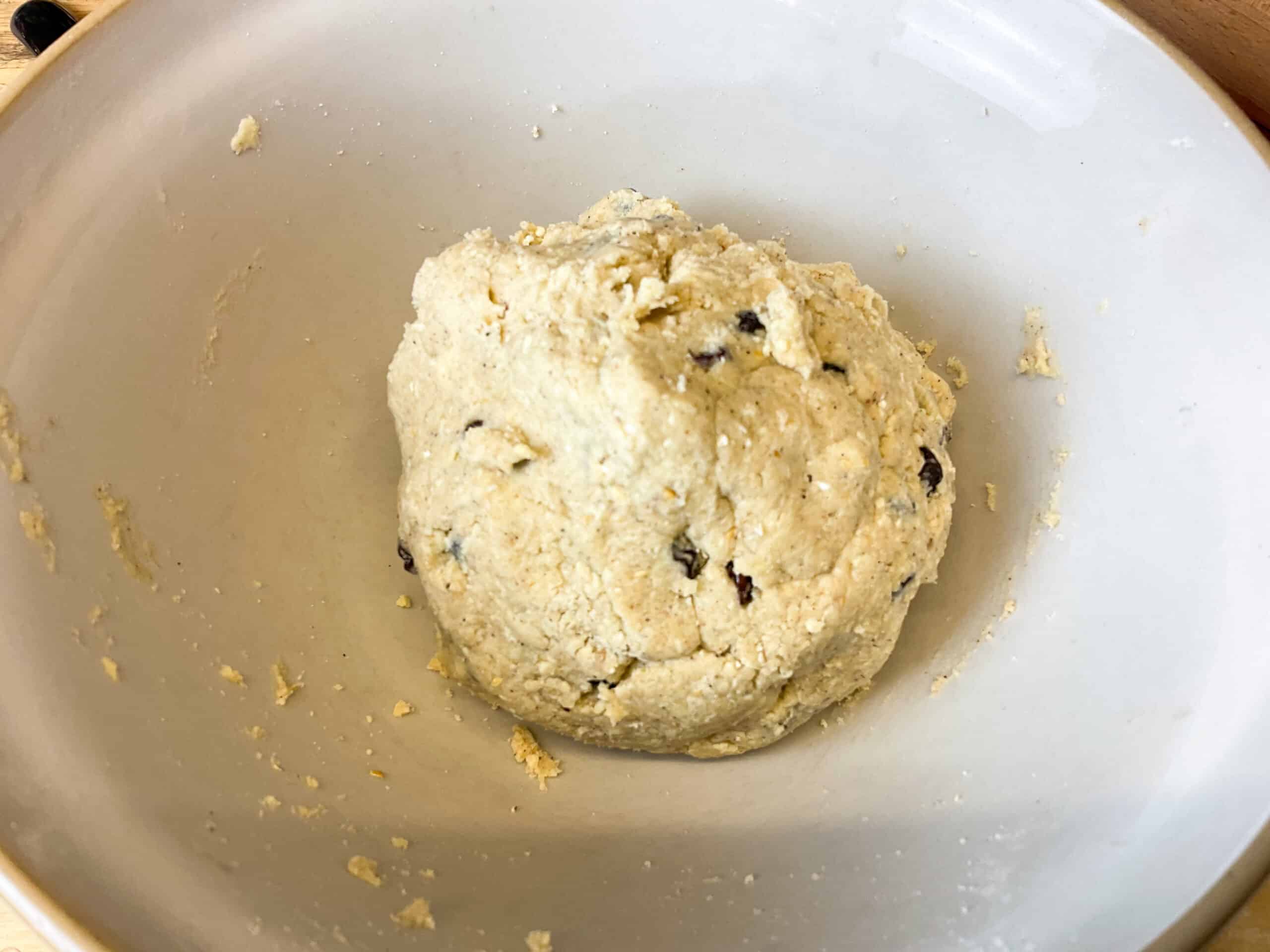 Soul cake mixture brought together into a biscuit dough ball ready to be chilled.