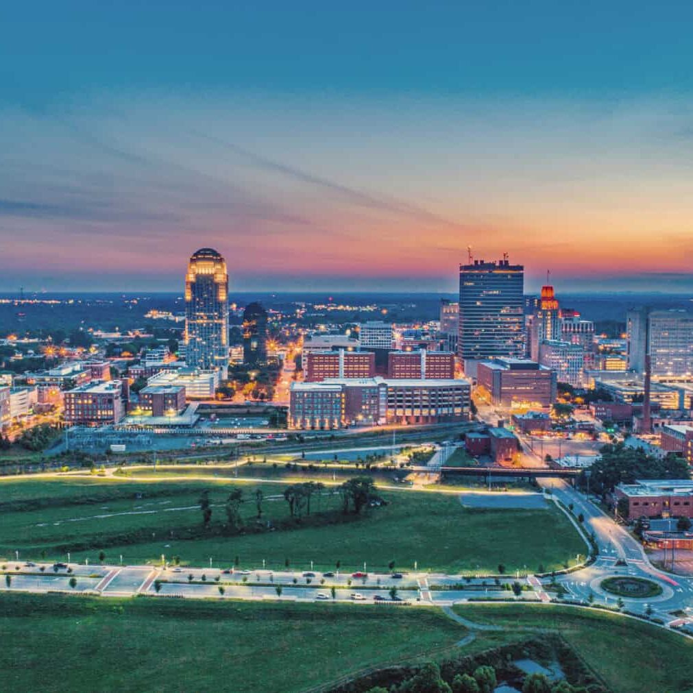Winston-Salem North Carolina NC Downtown Skyline Aerial at Sunset