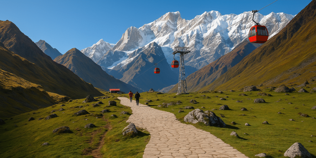 Kedarnath ropeway cabins over the trekking path with snowcapped mountains in the background