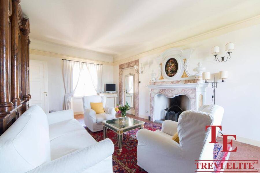 Luxurious Italian living room with elegant white sofas, ornate fireplace, and classic decor for sophisticated property showcase.