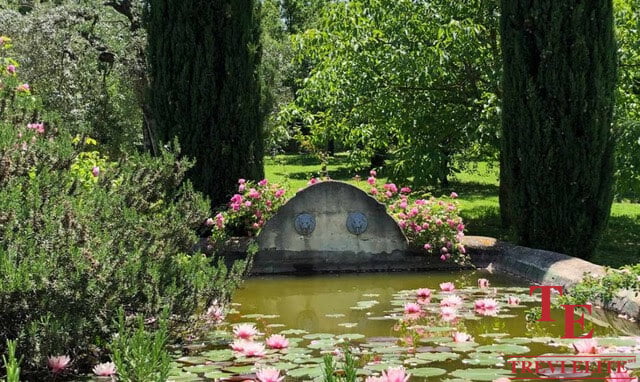 Luxurious Italian garden with classical fountain surrounded by lush greenery and blooming flowers, perfect for tranquil estate living.