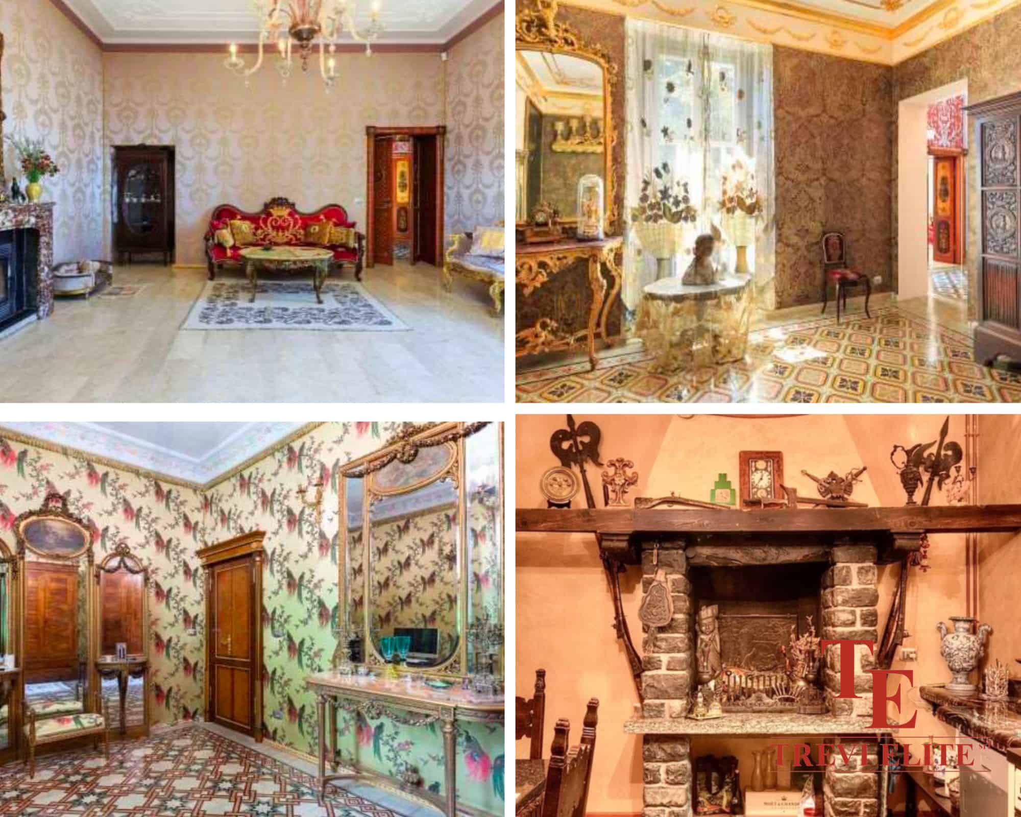 Elegant historic Italian interiors showcasing intricate furniture, ornate fireplaces, and lavish decor in a luxurious property listing by Trevi Elite.