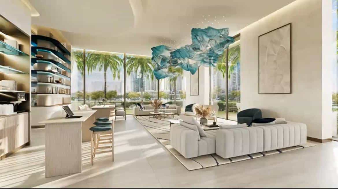 Luxurious modern living room with large windows, contemporary art installation, neutral tones, and stylish furniture showcasing high-end Italian property.