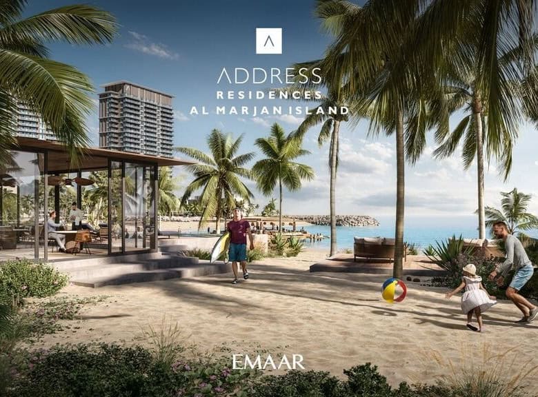 Modern beachfront residence at Address Residences Al Marjan Island with tropical landscaping and leisure amenities, offering a luxurious island lifestyle in Ras Al Khaimah.