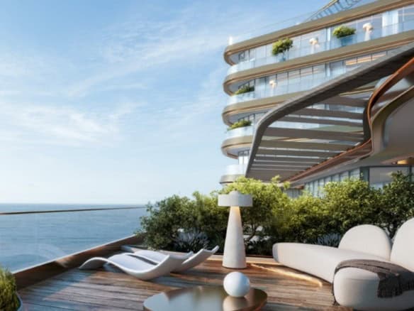 Luxurious modern balcony with ocean views, stylish outdoor seating, and contemporary design elements, perfect for sophisticated leisure.