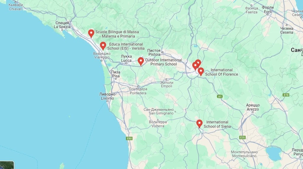 Bilingual and international schools in Tuscany, Italy, including Pisa, Lucca, Florence, and Siena, highlighted on a digital map for premium Italian real estate clients seeking educational excellence.
