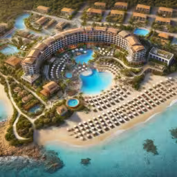 Luxurious beachfront resort with pools and lush gardens.