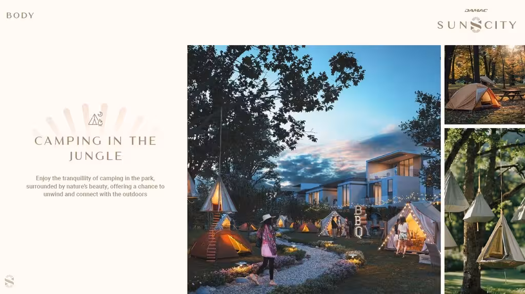 Evening camping scene with tents, teepees, and modern facilities.