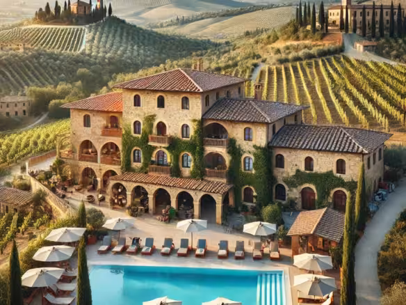 Luxurious Tuscan villa with pool and vineyard views.