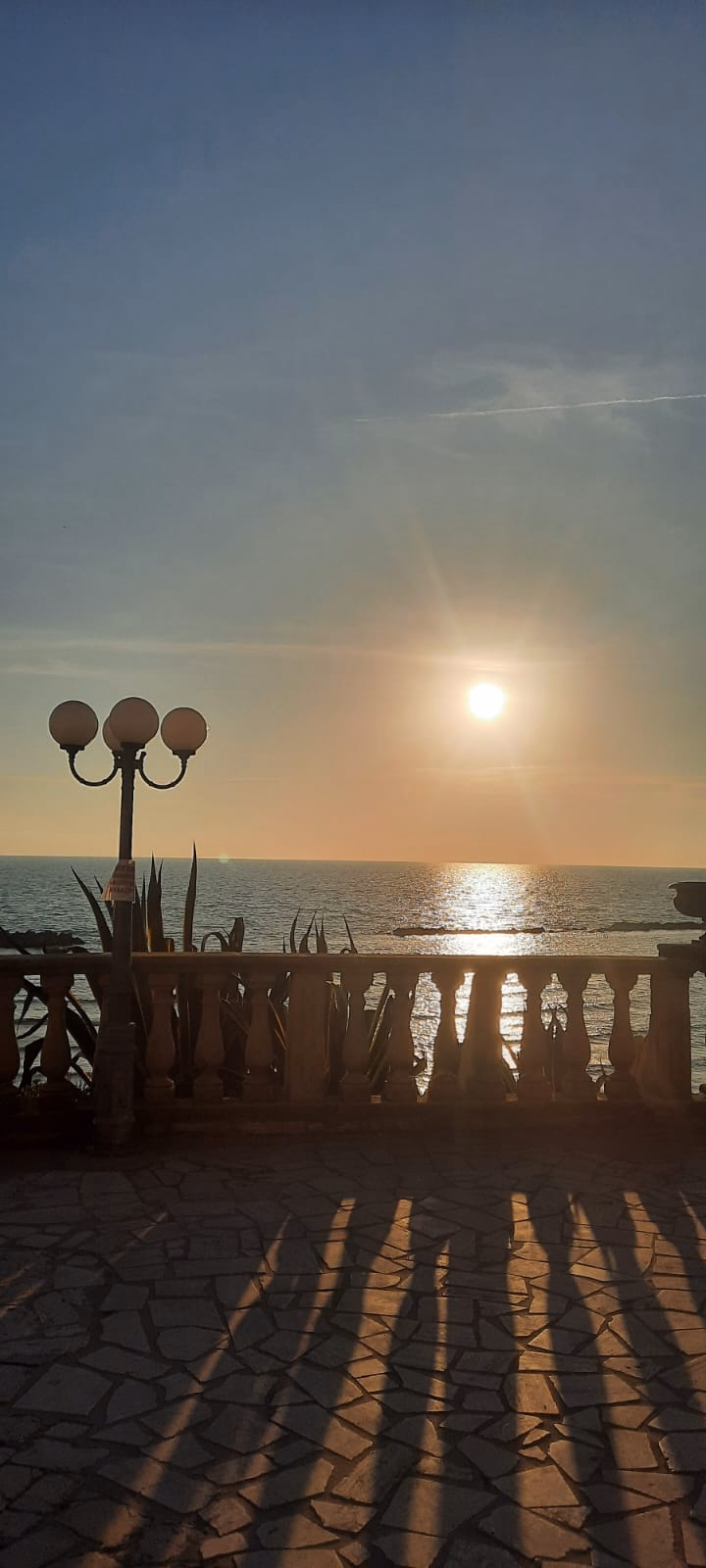Sunset over sea with lamp post and railing shadows.