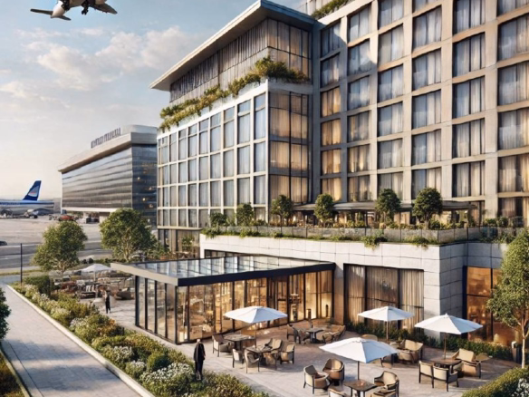 Modern airport hotel with airplane taking off nearby.