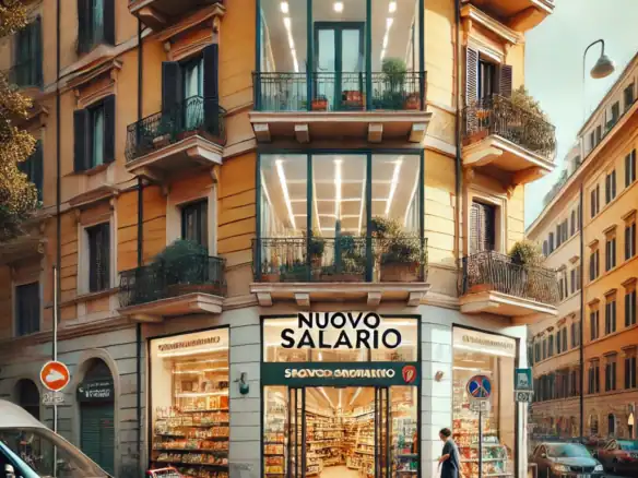 Colourful street view of a charming Italian building with balconies, featuring a grocery store on the ground floor and residential apartments above, capturing the vibrant urban atmosphere.