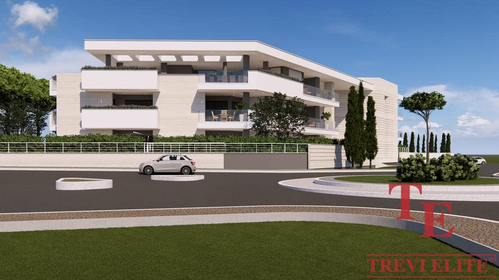 Luxurious modern Italian residential building with spacious balconies, lush landscaping, and elegant architectural design in a scenic setting.