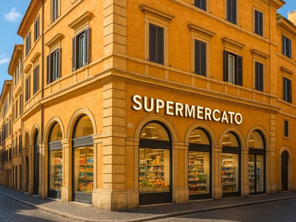 A vibrant Italian corner building with a supermarket on the ground floor, showcasing classic architecture with arched windows and warm ochre colours, under a clear blue sky.
