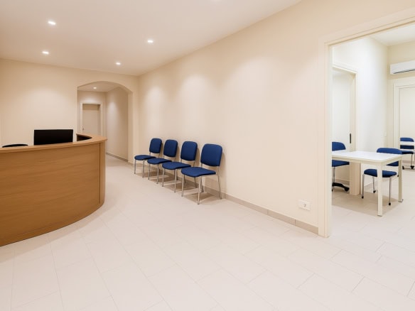 Spacious modern Italian real estate reception area with a wooden desk, blue chairs, and bright lighting, offering a professional and welcoming environment for clients.