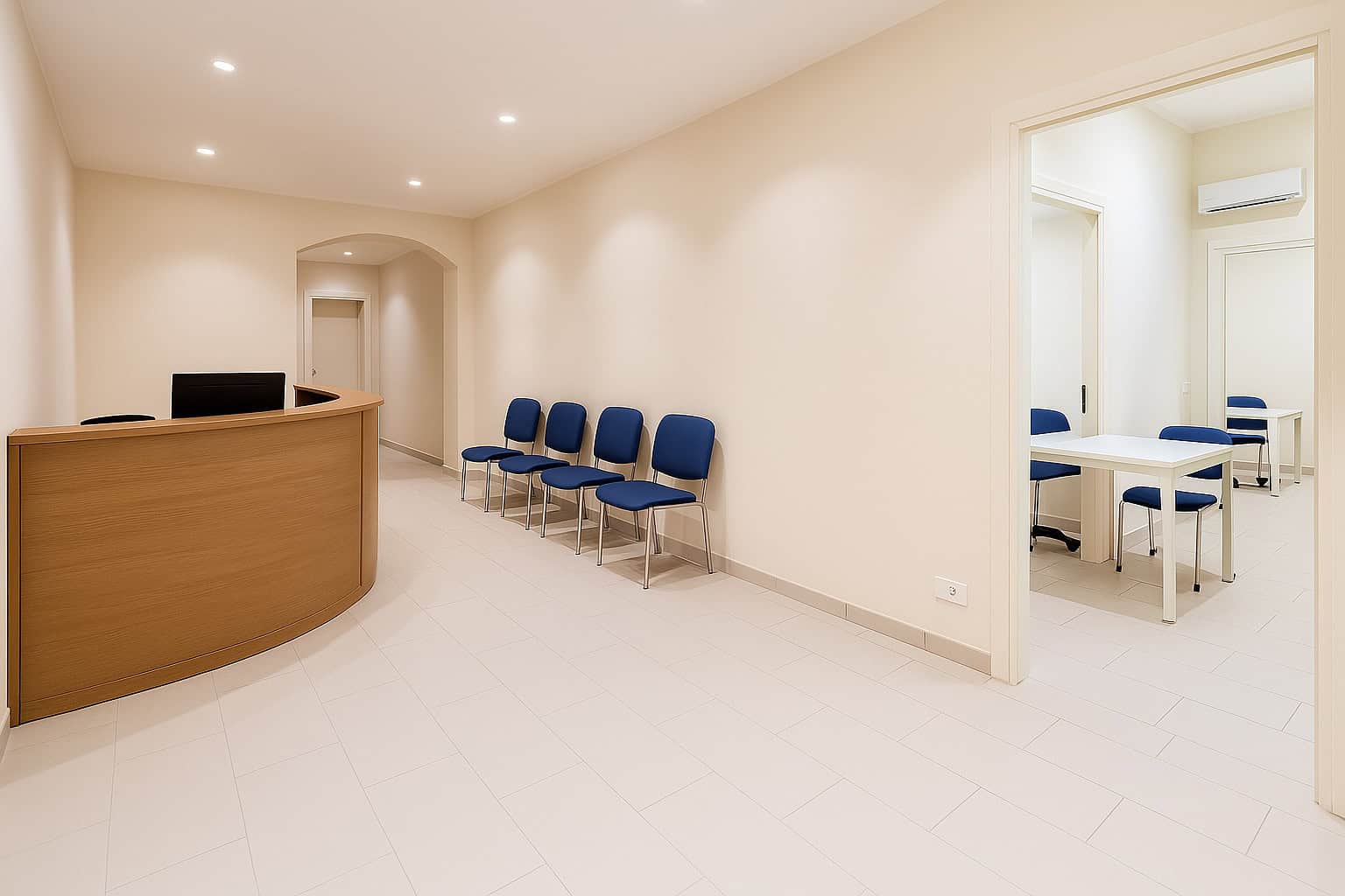 Modern reception area with a curved wooden desk, four blue chairs, and an additional room with white furniture and blue chairs in a professional medical or office setting.