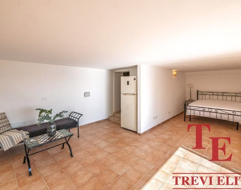 Bright spacious living area with terracotta tiled flooring, minimal decor, and a cosy bedroom corner with a wrought-iron bed frame. Perfect for a comfortable Italian retreat.