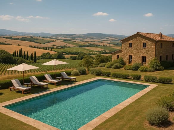 Beautiful Italian countryside villa with a private swimming pool, lush garden, and panoramic views of rolling hills and vineyards in Tuscany.