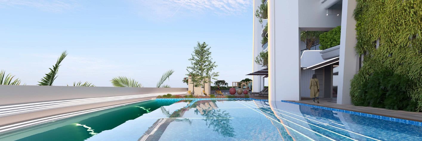 Modern luxury apartment building with a sleek outdoor swimming pool and lush greenery, showcasing exclusive Italian real estate opportunities by Trevi Elite.