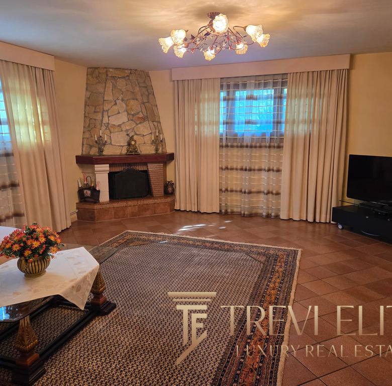 Luxurious living room with stone fireplace, elegant curtains, plush seating, and a flat-screen TV, showcasing sophisticated Italian interior design and high-end features at Trevi Elite.