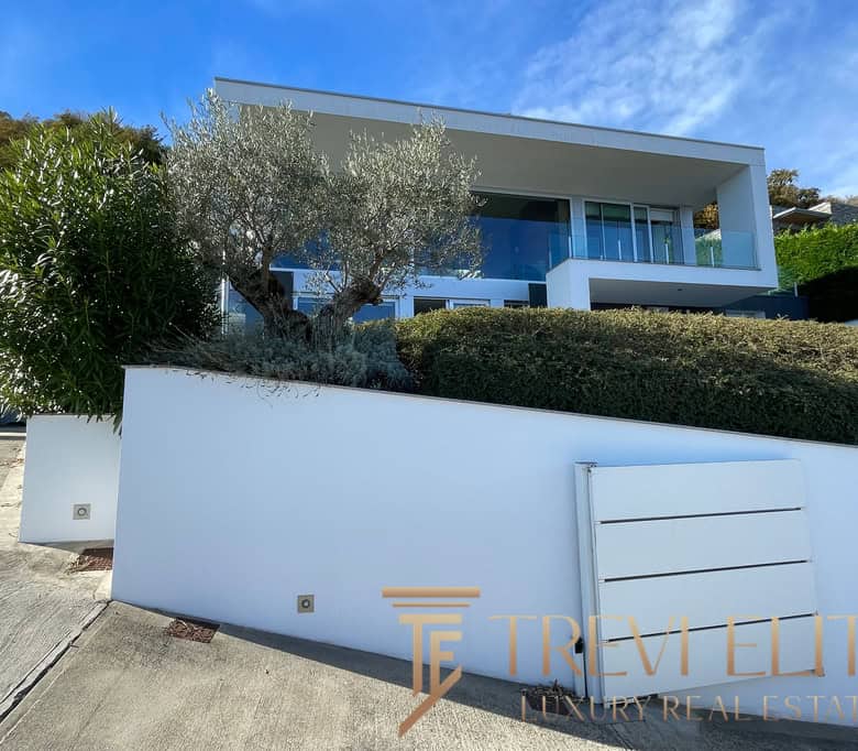 Luxurious modern island villa with sleek architecture and expansive glass windows, set on a hillside with lush greenery and a panoramic sea view, featuring a spacious terrace and contemporary design elements.