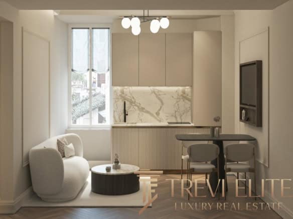 Elegant modern apartment interior with minimalist design, neutral colour palette, and chic furniture, showcasing a stylish living space and open-plan kitchen area.