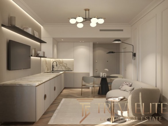 A modern, elegantly furnished living space with a minimalist kitchen, stylish dining area, and cozy seating, featuring neutral tones and sophisticated decor.