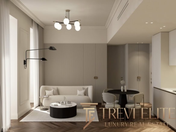 Elegant modern living room with neutral tones, stylish furniture, and ambient lighting, showcasing luxurious Italian real estate from Trevi Elite.