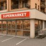 Supermarket exterior view in a modern residential building with large glass windows, shopping carts outside, and a bold red and white signage, showcasing urban retail spaces in Italy.