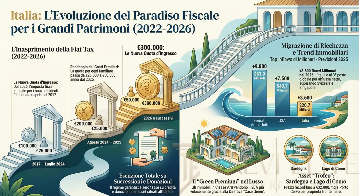 Infografica sui flussi migratori HNWI in Italia 2026 e dettagli sul regime Flat Tax di 300.000 euro.