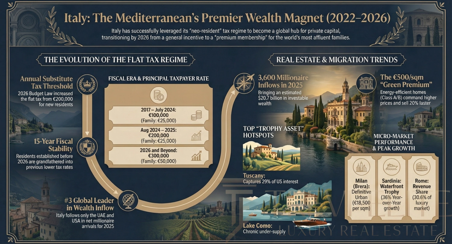 Infographic of Italy's 2022-2026 wealth migration trends, including the €300,000 Flat Tax and HNWI inflows.