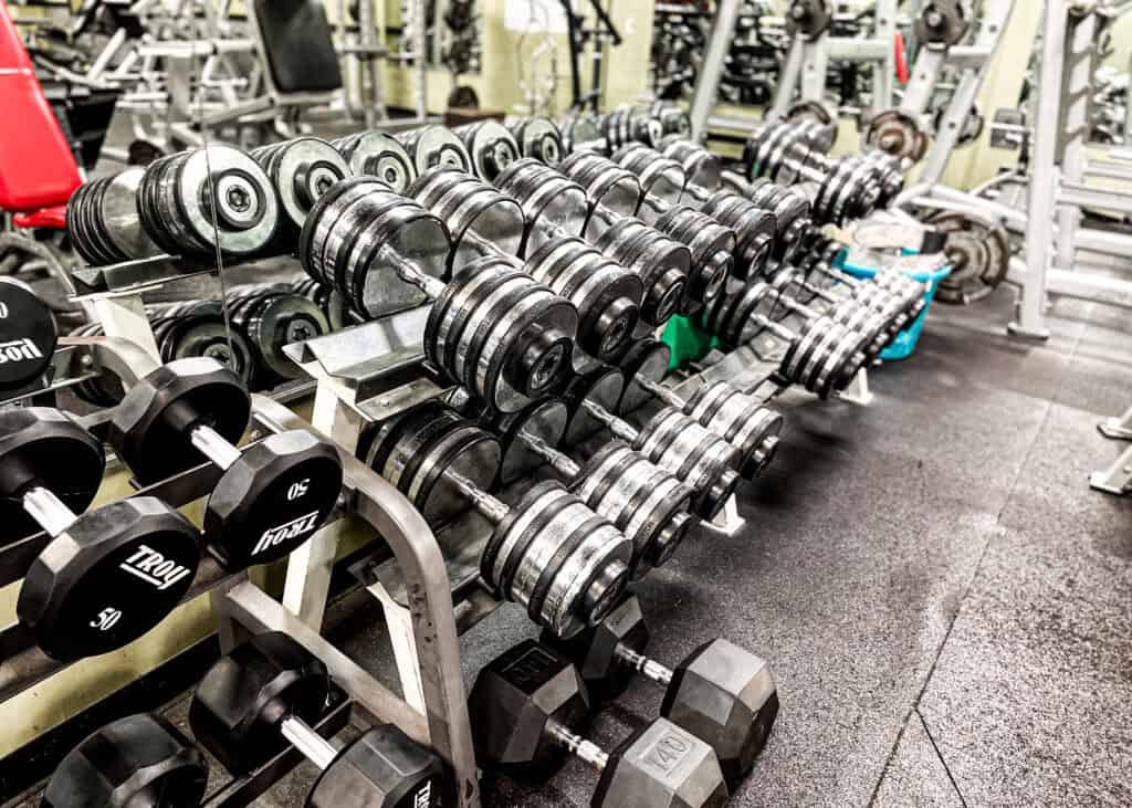 Full dumbbell rack at Triangle Fitness in Welcome and Arcadia, NC.