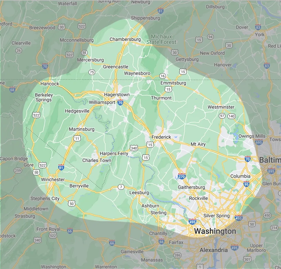 Map Highlighting A Green Region Including Washington D.c., Baltimore, And Parts Of Maryland, Virginia, And West Virginia, With City Names And Highways Visible.
