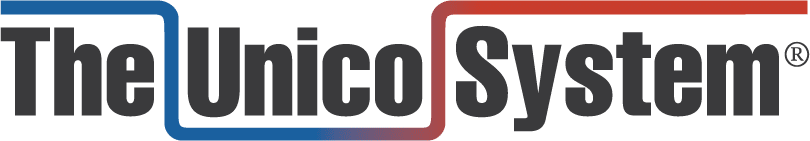 Logo Of The Unico System, Featuring The Brand Name In Bold Black Text With A Blue And Red Line Framing The Top And Bottom.