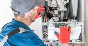 Technician In Red Gloves And Cap Examines Circuitry Inside An Open Hvac Unit.