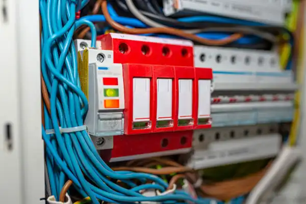 Close-up of a circuit breaker panel with red switches and numerous blue wires neatly arranged.