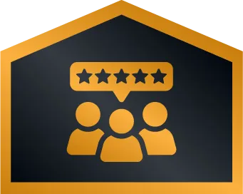 Icon Of Three People With A Five-Star Rating Symbol Above Them, Enclosed In A Gold-Outlined House Shape On A Dark Background.