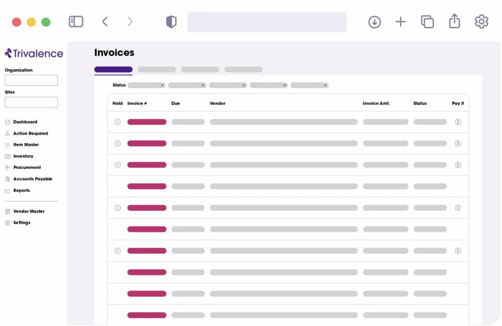 Invoice management dashboard interface showing a list of invoices with status indicators and details.