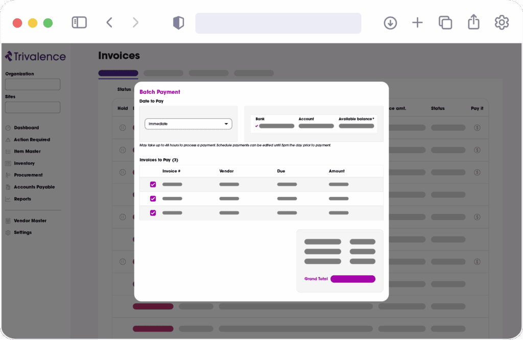 Screenshot of a batch payment processing interface within invoicing software, showing multiple invoices, payment details, and a grand total button.