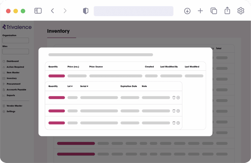 An image of an inventory management interface displaying item quantities, prices, and details within a software dashboard.