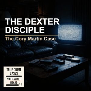 Dark living room with TV and remote controls, related to mysterious true crime stories.