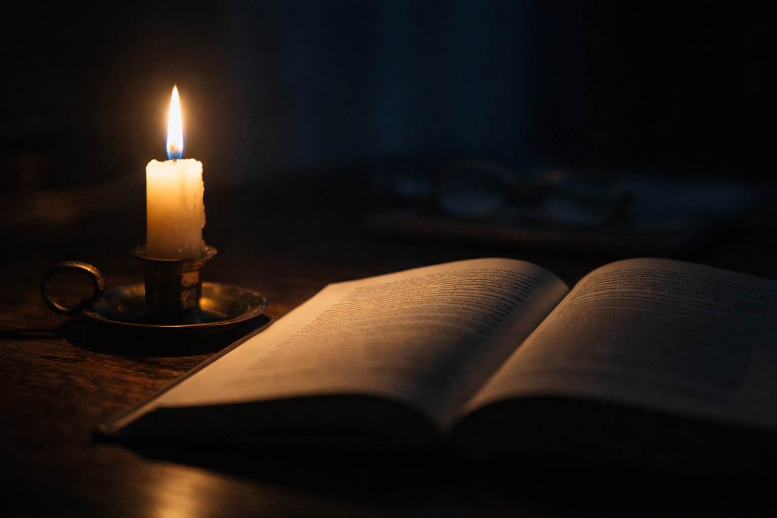Old candle with open book and glasses in dark room.