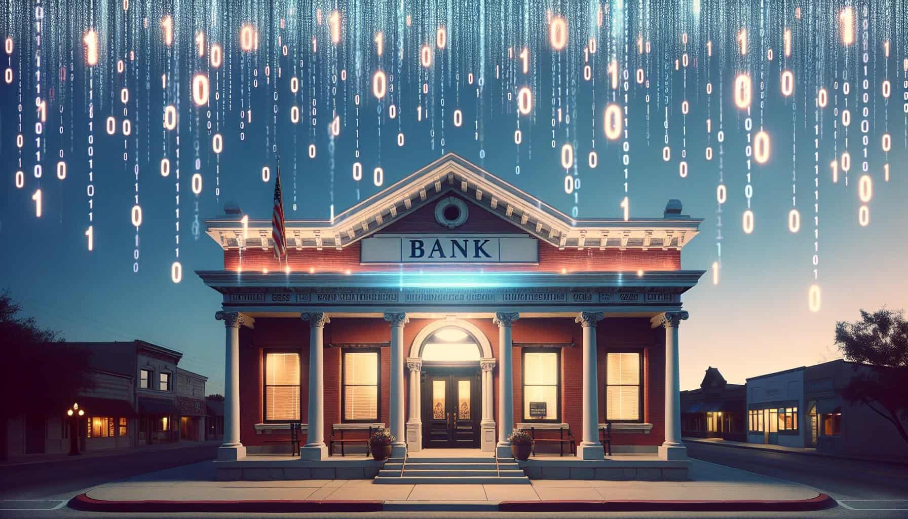 Futuristic digital overlay above a classic bank building, symbolizing cybercrime and bank robbery stories.
