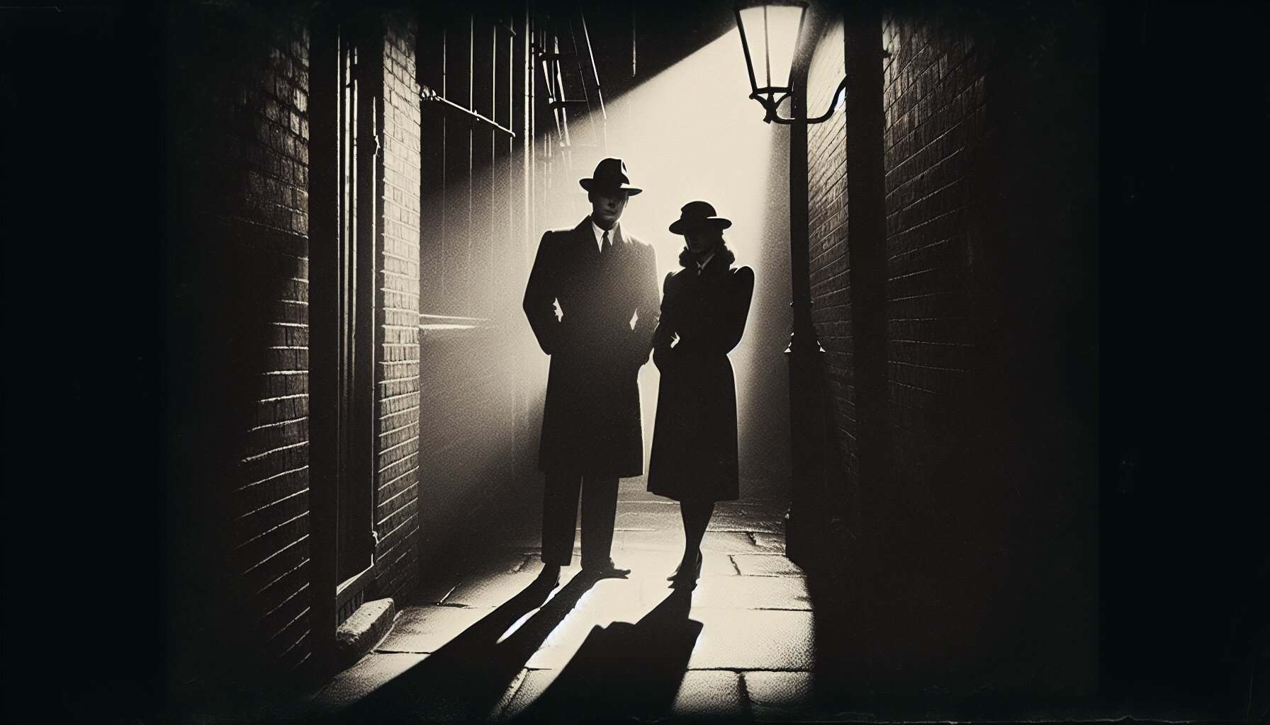 Mysterious silhouettes of a man and woman in trench coats and hats in a dark alleyway, creating suspense and intrigue.