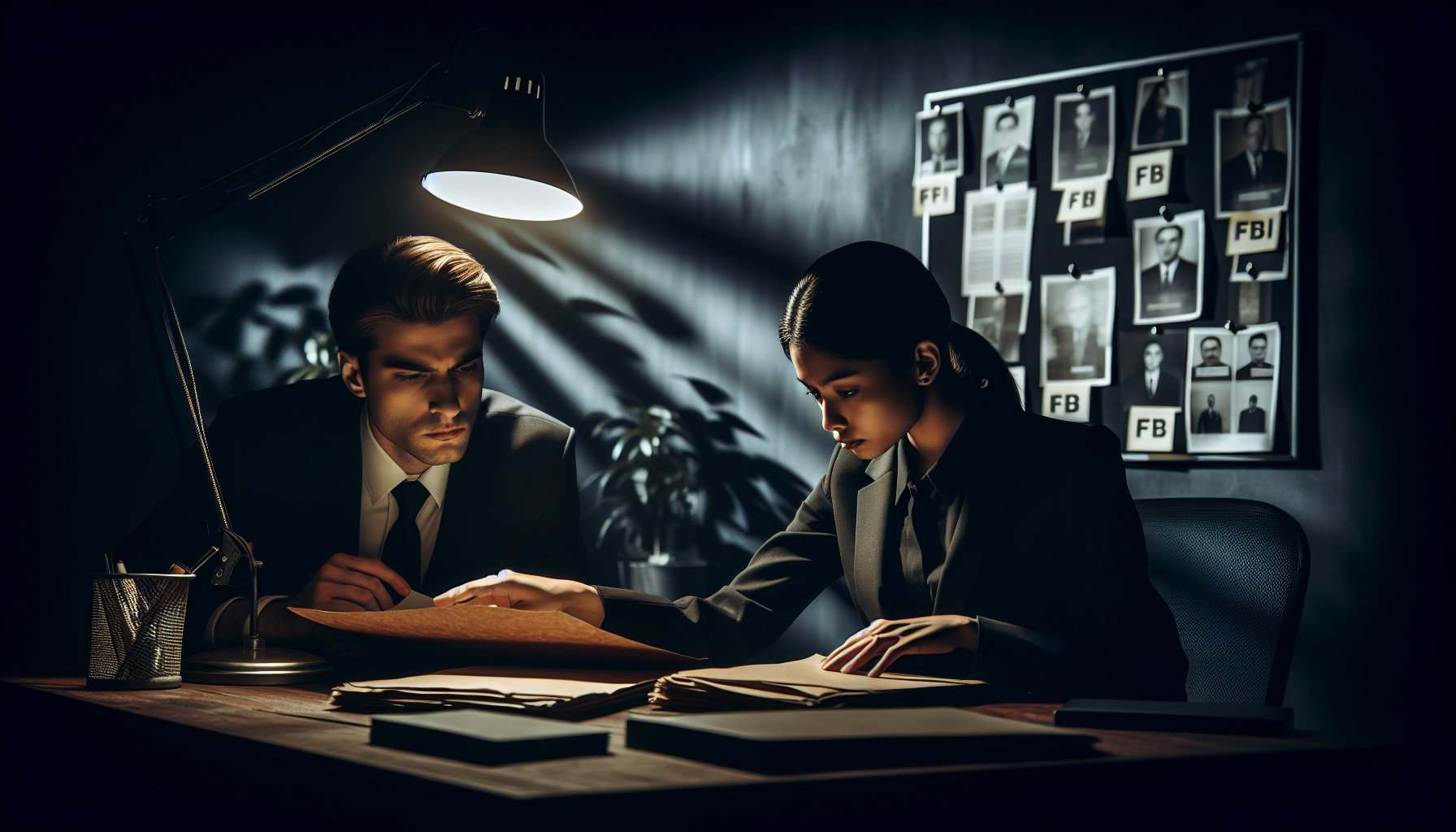 Crime investigation, FBI files, police work, crime solving, true crime stories, dark office setting.