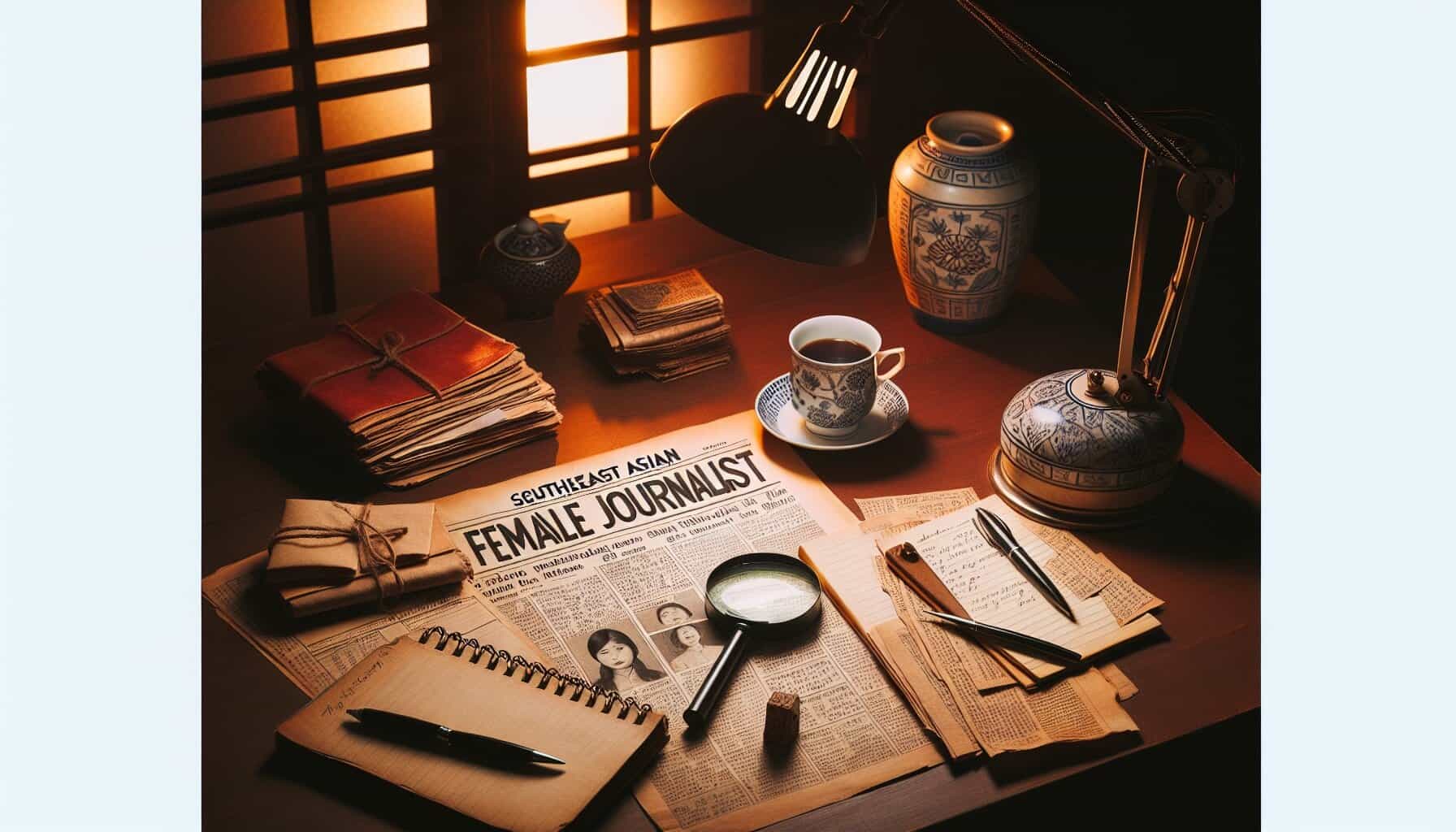 Dimly lit desk with newspapers, files, magnifying glass, and a coffee cup for true crime investigation.