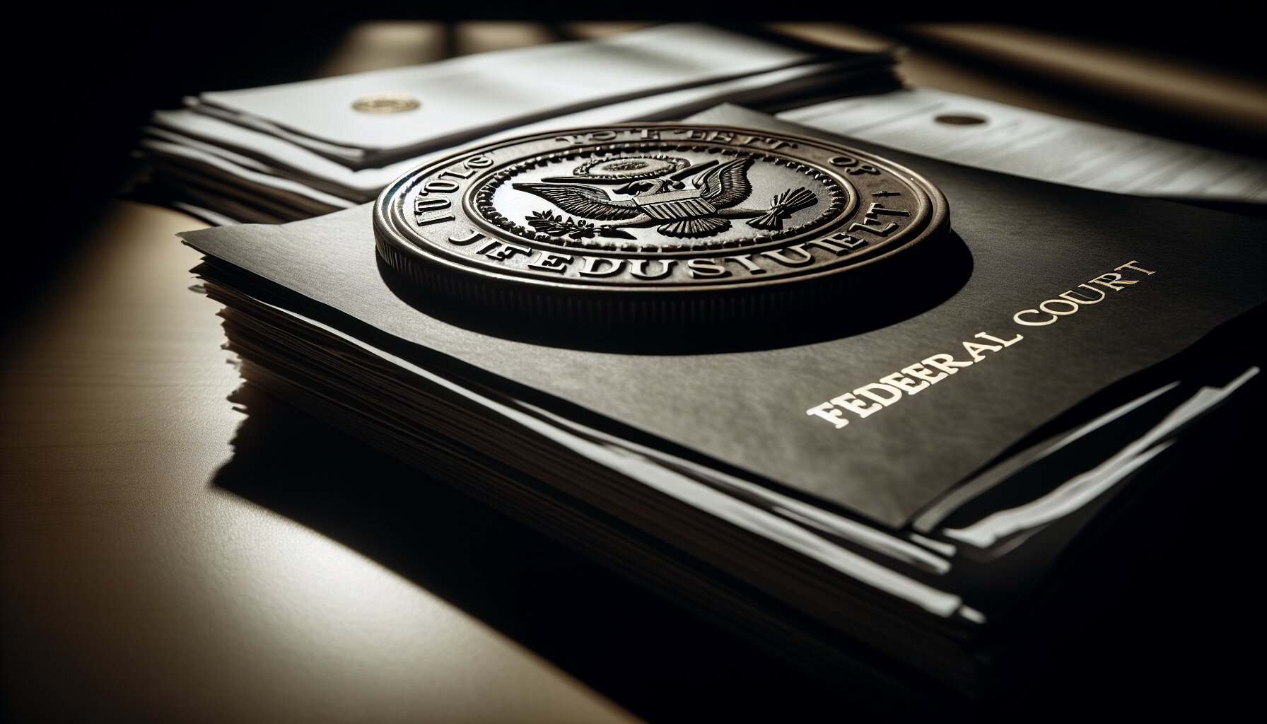 Federal court case files sealed with official law enforcement emblem, legal documents and paperwork.