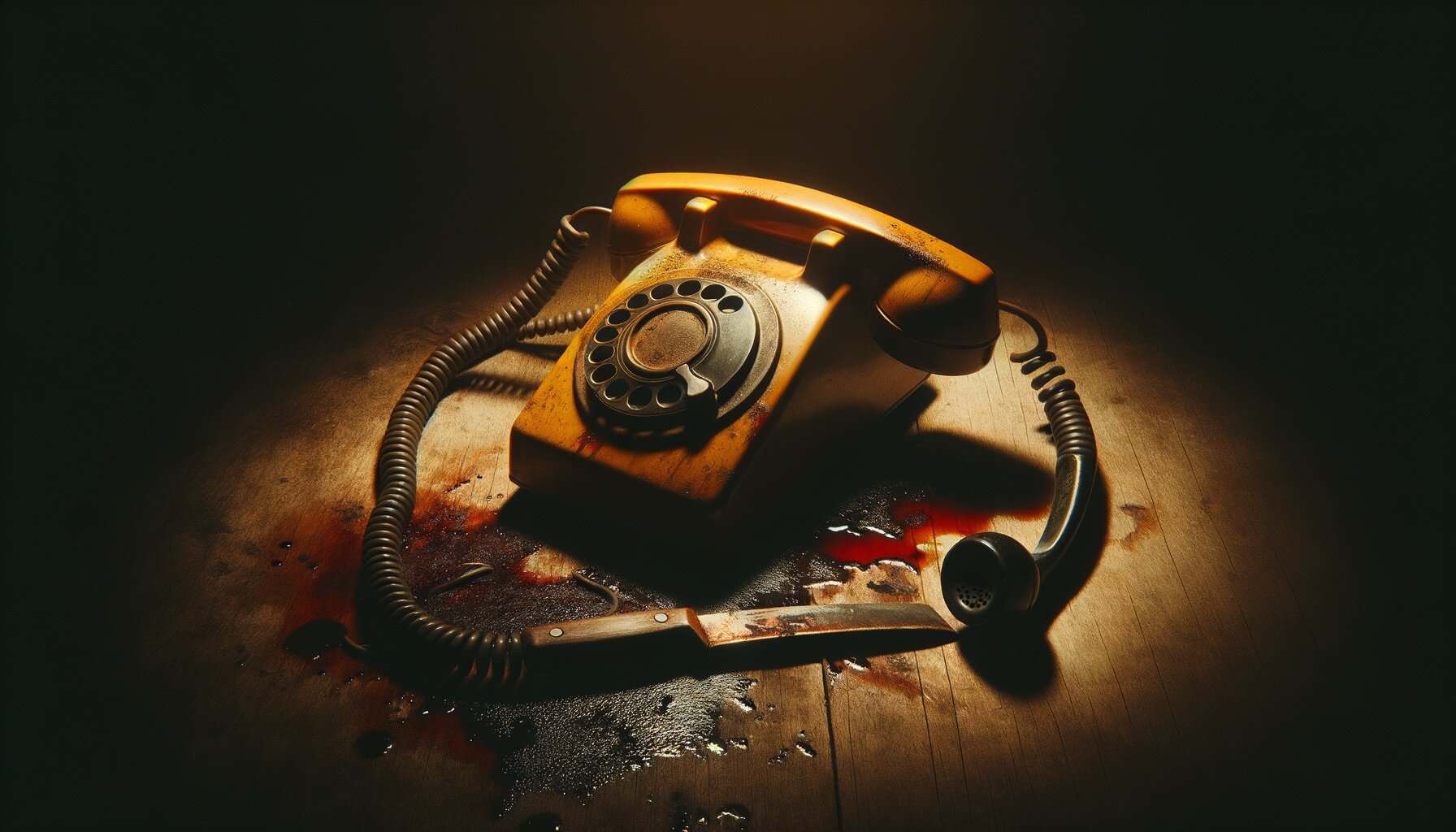 Old rotary phone with bloodstains, dark setting, sinister crime scene investigation photo.
